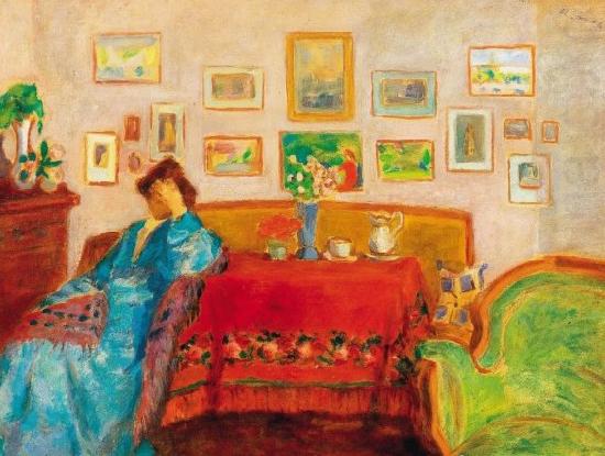 Lady in Blue Dress in Interieur, Jozsef Rippl-Ronai